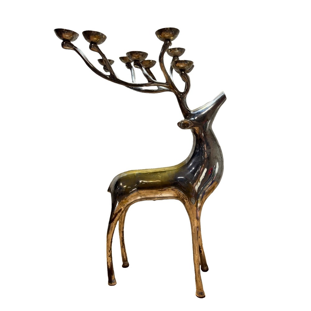 Large Silver Plate Pottery Barn Reindeer Candelabra 10 Points Stands 20" Tall